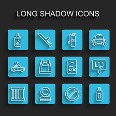 Set line Prison window, Lying burning tires, Pepper spray, Ban, Paint can, Bulletproof vest, Protest and Poll document icon. Vector