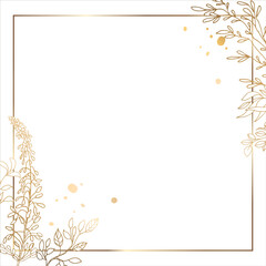 Gold square frame with openwork branches and flowers. For social networks. White background. Vector illustration.