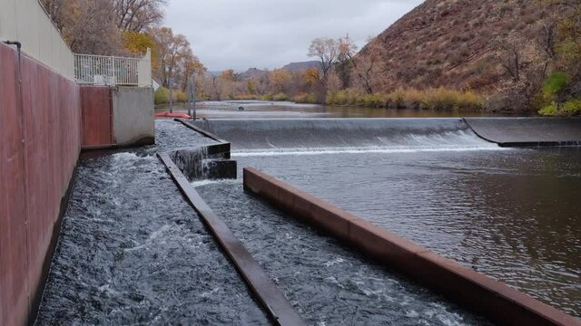 fish ladder at water diversion dam - Watson Lake Dam on the Poudre River in northern Colorado, fall scenery