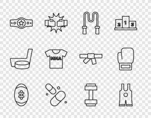 Set line American Football ball, Wrestling singlet, Jump rope, Vitamin pill, Boxing belt, T-shirt with fight club MMA, Dumbbell and glove icon. Vector