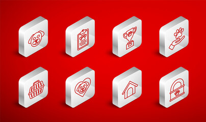 Set line Canned food, Clinical record pet, Pet award, Hands with animals footprint, Dog house, Heart dog and carry case icon. Vector