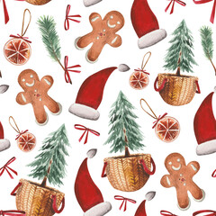 Watercolor seamless festive pattern on the theme of New Years and Christmas.