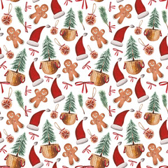 Watercolor seamless festive pattern on the theme of New Years and Christmas.