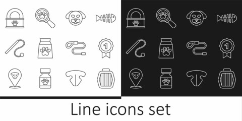 Set line Pet carry case, Dog award symbol, Bag of food for pet, cat toy, Canned, Retractable cord leash and Veterinary clinic icon. Vector