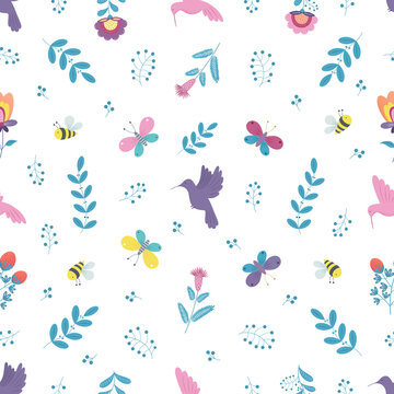 vector graphic gentle floral seamless pattern with colibry