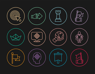 Set line Hand holding flag, Head hunting, Chess, Target, Folded paper boat, with arrow, Earth globe and pointing finger icon. Vector
