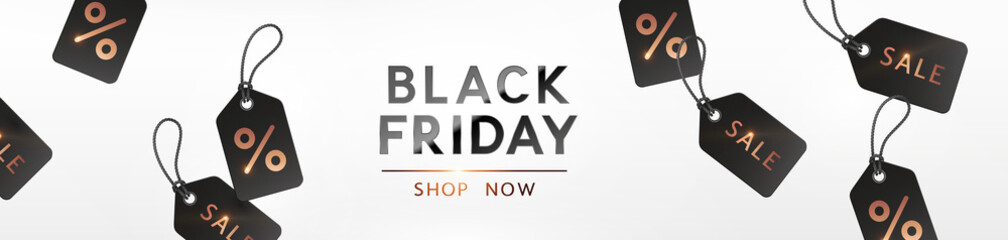 Black Friday Shop Now banner. Realistic labels with golden sale, discount, percent tags. Vector white promotion background, poster, special offer or header