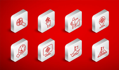 Set line Mountains with flag, Target, Stair finish, Folded paper boat, magnifying glass, and Hand holding Earth globe icon. Vector