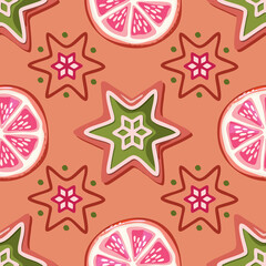 Christmas seamless background. Colorful Gingerbread cookies and fruits. Ornamental pattern for wrapping paper, banners, pajamas. Vector