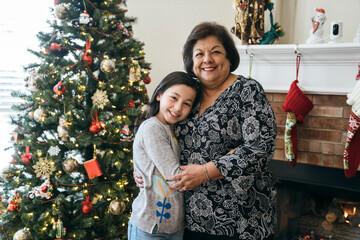 Portrait of girl hugging grandma in front of Christmas tree