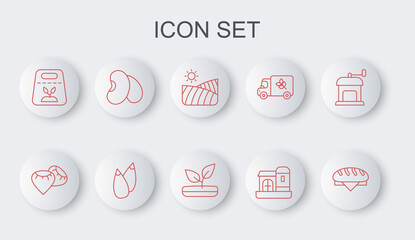 Set line Bread loaf, Seed, Agriculture wheat field, Farm house, Pack full of seeds of plant, Beans, and Sprout icon. Vector
