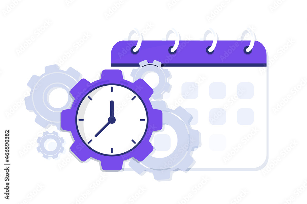 Poster Time management. Calendar and clock as concept for effective time planning for greater productivity. Efficient workday. Workflow organization. Deadline respect, multitasking. Effective time management
