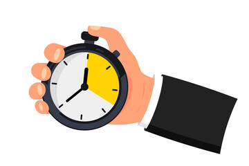 Hand holds a stopwatch. Time management concept. Countdown of stopwatch. Timer in hand vector illustration flat style. Deadline, punctuality, stop time on competition, start work, interval control - obrazy, fototapety, plakaty