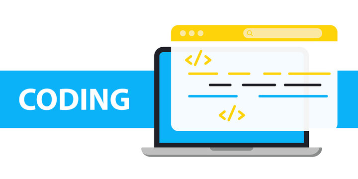 Laptop with code on screen. Programming code. Computer for fixing bugs, coding and programing. Web Page template for writing app code and testing computer software. Remote work. Software development