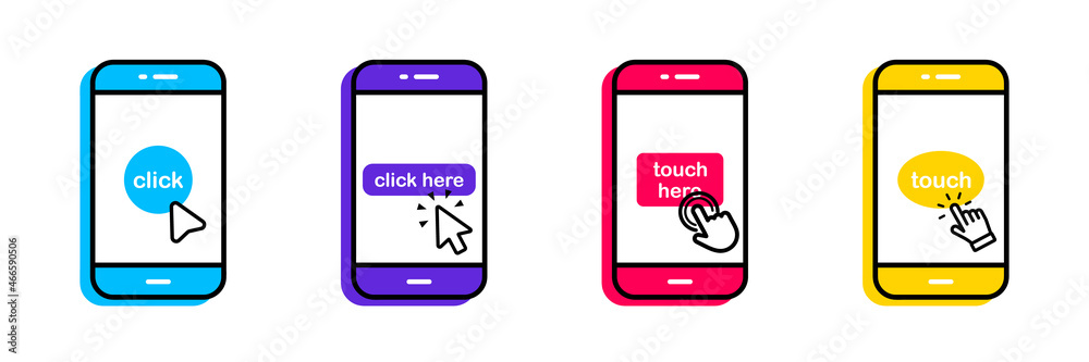 Fototapete Set of smartphone Touch screen icons with click here button. Click on the smartphone. Touch Screen with hand touching. Phone with click cursor. Touch here for link to websites. Arrow with touch button