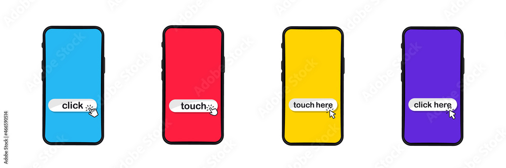Fototapete Set of smartphone Touch screen icons with click here button. Click on the smartphone. Touch Screen with hand touching. Phone with click cursor. Touch here for link to websites. Arrow with touch button