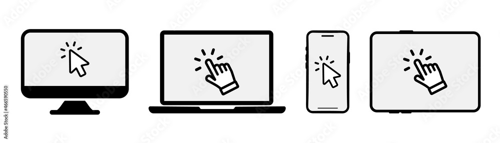 Poster Set of smartphone, laptop, computer, tablet icons with click here button. Click on the devices. Device icons with click cursor. Touch here for link to websites. Arrow with touch button. Touch, click