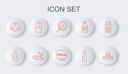 Set line Mexican sombrero, Tequila bottle, Gong, Tabasco sauce, Poncho, Burrito, Cigar and Hola icon. Vector © vector_v