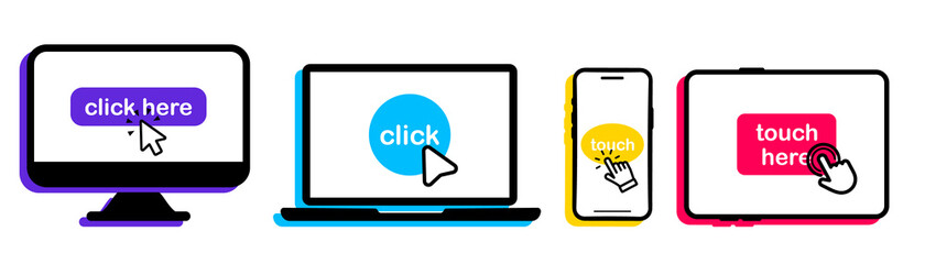 Set of smartphone, laptop, computer, tablet icons with click here button. Click on the devices. Device icons with click cursor. Touch here for link to websites. Arrow with touch button. Touch, click