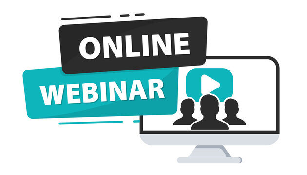 Online webinar. Live Webinar Button on laptop. Video conference. Training concept, online course, distance education. Digital communication streaming. Distance communication. Team meeting, Remote work