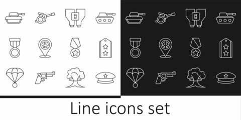 Set line Military beret, rank, Binoculars, Location peace, reward medal, tank, and Howitzer icon. Vector