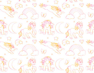 Fototapeta premium Seamless background with cute unicorns, stars, rainbow and clouds