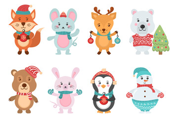 Obraz na płótnie Canvas Set of Christmas cute animals, snowmen character.