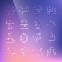 Set line Suitcase, Sun and cloud weather, Box flying on parachute, Plane, Parachute, No Smoking and Location icon. Vector