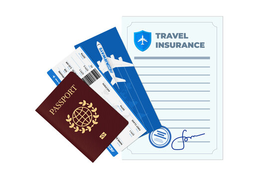 Travel insurance policy with passport, flight ticket and boarding pass for airplane. Safe plane trip and signed contract protection tourist life and property. Safety journey aircraft document. Vector