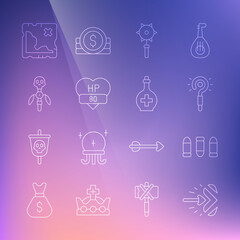 Set line Magic arrow, Bullet, wand, Medieval chained mace ball, Video game bar, staff, Pirate treasure map and Bottle with potion icon. Vector