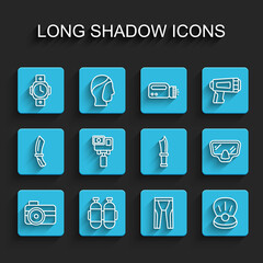 Set line Photo camera for diver, Aqualung, Diving watch, Wetsuit scuba diving, Pearl, Action extreme, mask and knife icon. Vector