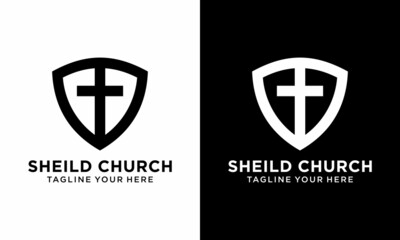 Christian Cross And Shield Of Faith Christian Church Icon Vector template on a black and white background.