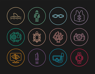 Set line Diving watch, Photo camera for diver, Glasses swimming, Turtle, Shark, Coral and Wetsuit scuba diving icon. Vector