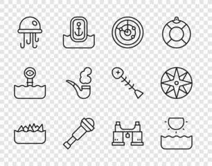 Set line Sharp stone reefs, Sun, Radar with targets, Spyglass telescope lens, Jellyfish, Smoking pipe, Binoculars and Wind rose icon. Vector