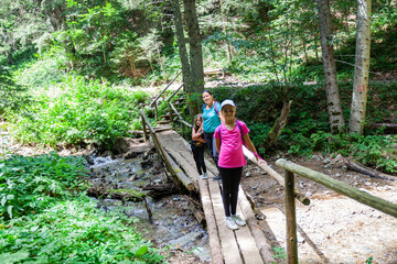 Adventure in summer green forest. Family passing over old wooden bridge over stream. Beautiful day in nature.