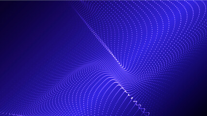 Wave of flowing particles on a dark background. Abstract backdrop with dynamic elements of waves and dots. Vector