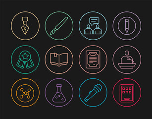 Set line Graphic tablet, Gives lecture, Two sitting men talking, Open book, Medal with star, Fountain nib, Certificate template and Paint brush icon. Vector