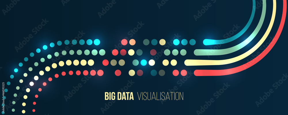 Poster Big data visualization. Information analytics concept. Sorting data. Vector Waves technology background. Abstract stream information with lines array and binary code. Filtering machine algorithms.