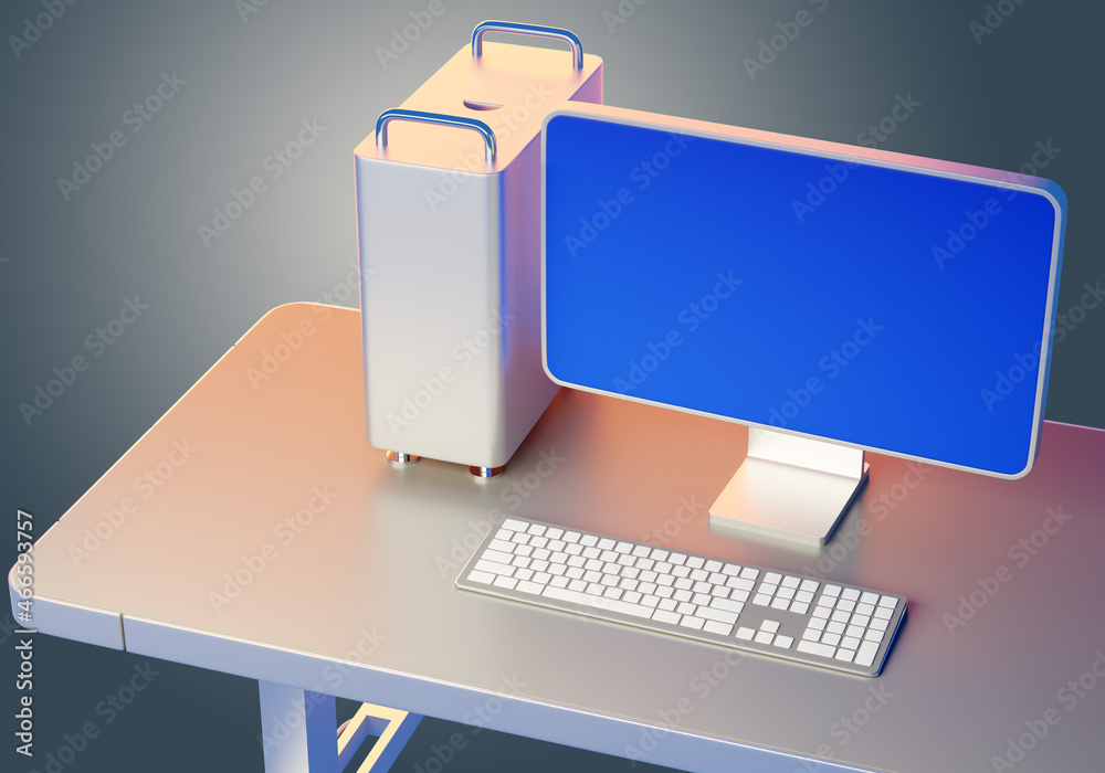 Poster computer with blue screen. stylish desktop computer. place to showcase site. blank monitor for adver