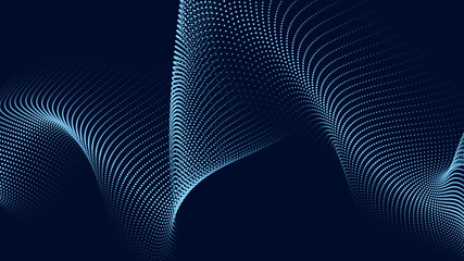 Wave of flowing particles on a dark background. Abstract backdrop with dynamic elements of waves and dots. Vector