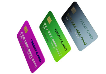 Credit cards in different colors. Mockup with credit cards on a white background. Black, green and pink bank cards. They symbolize the use of credits to buy something. 3d visualization.