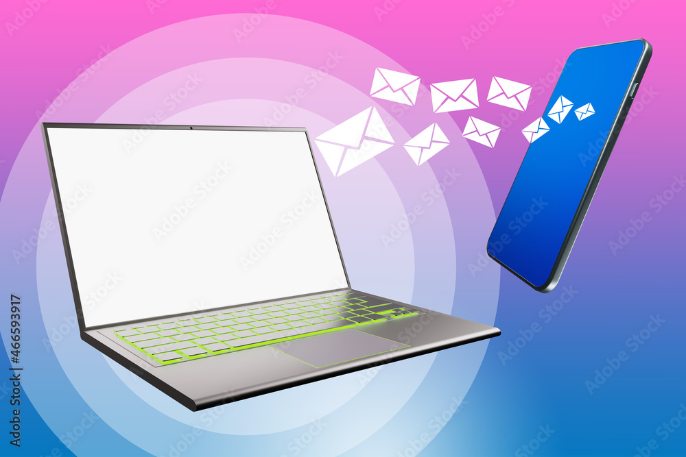 Aufkleber synchronization of gadgets. laptop next to smartphone. synchronization of laptop and smartphone. env