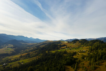 Picturesque view of mountain landscape with forest in morning. Drone photography