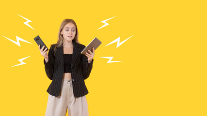 Girl with two phones. Teenager girl with gadgets. Concept - she has two phones ringing at once. Lightning symbolize ringing of phone. Business teenager girl. Student with cellphone and tablet