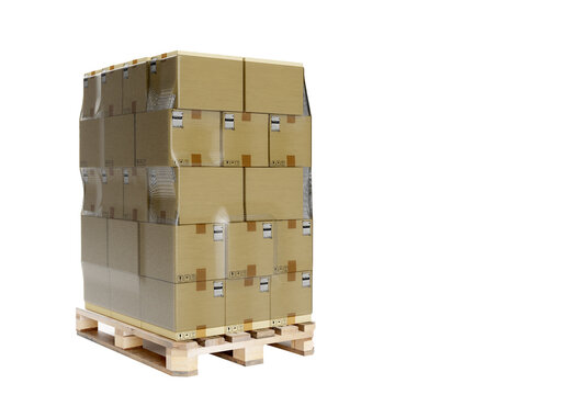 Pallet with boxes on white background. Pallet symbolizes preparation of business cargo for delivery. Cargo logistics in business. Cardboard boxes are wrapped in transparent foil. 3d rendering.