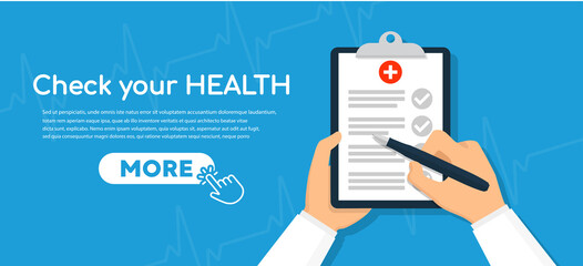 Health check concept, the doctor and checkbox report. Vector flat icon