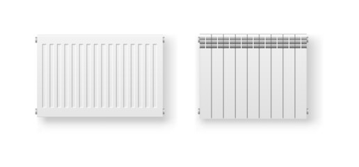 Central heating radiator panels for indoor heating system. Realistic white thermostat devices