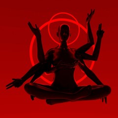 Chthonic goddess in a lotus pose with many hands and neon red aureole. 3D illustration. - obrazy, fototapety, plakaty