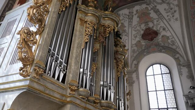 Inside view of the Heilig-Kreuz-Kirche church and organ in Augsburg bavaria.