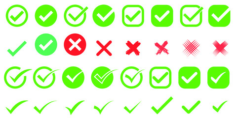 Green check mark icon set, red cross mark icon set, green box set, checklist signs, approval badge. Vector illustration isolated on a white background.